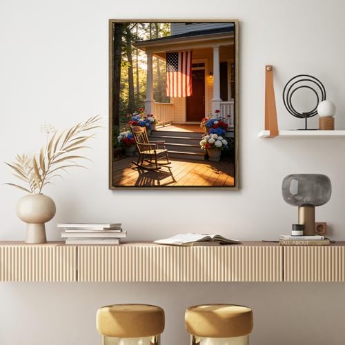 American Flag Framed Canvas Wall Art, 4th of July Patriotic Canvas Prints | Summer Cottage Landscape Poster Print, Vintage Independence Day Wall Decor for Bedroom Living Room Office 24×36in