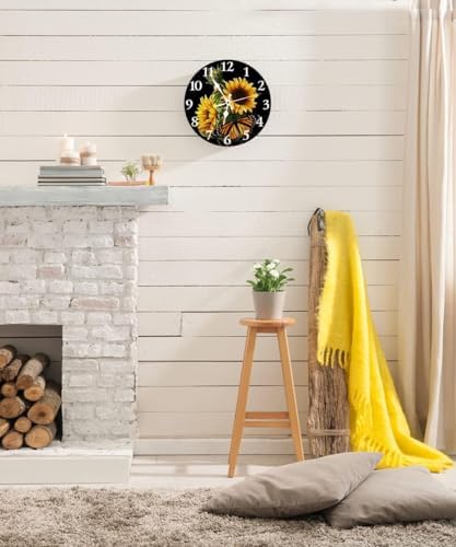 LOKMU Silent Non Ticking Clock 12 Inch, Round Wall Clock,Decorative for Living Room, Kitchen, Home,Bathroom, Bedroom, Office or School, Sunflower with Butterfly on Black