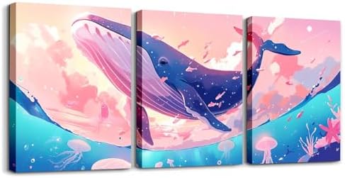 Feelyou Pretty Whale 3 Piece Canvas Wall Art for Living Room Bedroom Jellyfish Wall Art for Home Decor Ocean Animal Office Wall Decor Dreamy Pink Sky Wall Painting