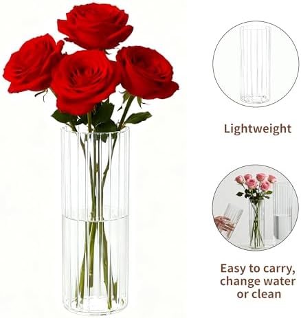 Flower Vase, Non-breakable Vase for Flower, Ribbed Acrylic Vase, 4"W x 10"H Tall Clear Cylinder Vases for Centerpieces, Living Room, Dining Table, Office, Bookshelf Decoration Housewarming Gift