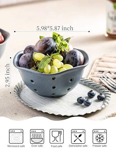 Gomakren Ceramic Berry Basket, 6in Floral Fruit Bowl with Holes, Slate Blue