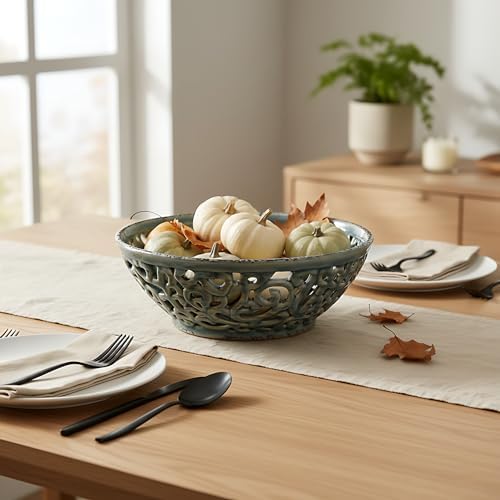 SIDUCAL Ceramic Fruit Bowl for Kitchen Counter,Decorative Fruit Basket with Holes, 10.43" Large Hollow Out Fruit Vegetable Holder Bowl for Table Decor, Gray