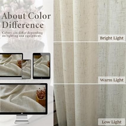 Pitalk Beige Curtains 54 Inch Length for Childrens Room 2 Panel Pocket Back Tab Top Short Neutral Semi Sheer Linen Energy Efficient Cotton Curtains for Bathroom Spa Office Retro Vintage Decor 54 Long
