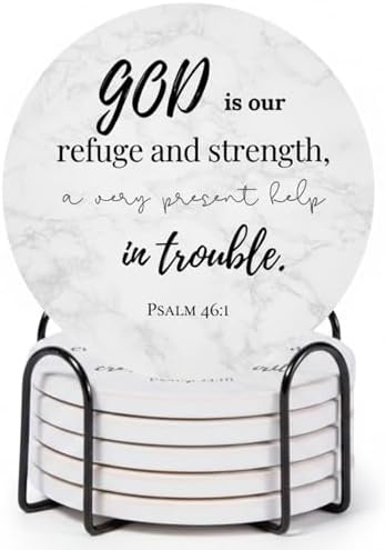 Christian Coasters Set of 6 with Holder, Absorbent Ceramic Faith Gift