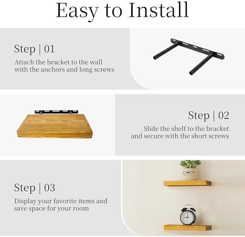 BGMG Wood Floating Shelves for Wall 12 inch Set of 2, Rustic Wooden Wall Mount Shelves for Living Room Bedroom Kitchen Farmhouse-12x6.7x1.25 inch- Gold Oak