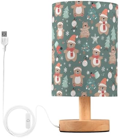 Christmas Brown Bear Bedside Table Lamps with USB Port for Bedroom Lamp Table Lamp Small Nightstand Lamp Snowflake&Fir Trees Patterned Linen Shade Wooden Decorative Lamps for Kids|Reading|Dorm|Home