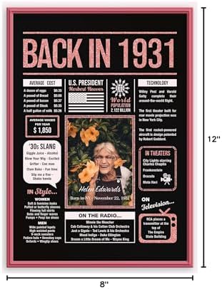 Happy 94th Birthday Party Decorations For Women Rose Gold - Gifts For 94 Year Old Women, Personalized 94th Birthday For Mom, Grandma, 94 Yr Old Bday Decor, Back In The Day You Born Birthday Poster