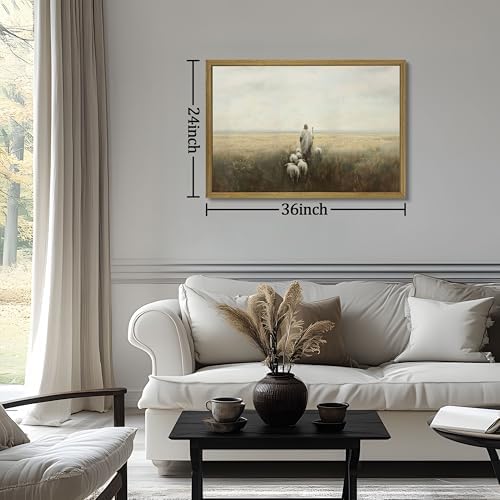 Wood Framed Jesus Wall Art, Christian Canvas Wall Decor, Jesus Leaves the 99 Sheep Poster Print Picture, Lost Lamb Religious Artwork Oil Painting for Living Prayer Room Bedroom 24x36 inch