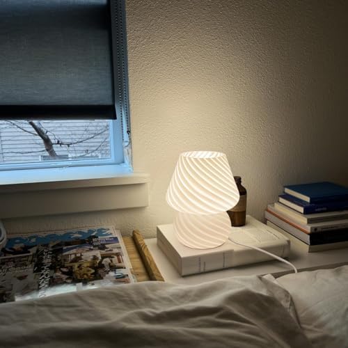 ONEWISH Mushroom Lamp-Small Bedside Table Lamp with Striped Glass, Nightstand Lamp for Bedroom, Living Room, 3000K E26 Bulb Included(White)