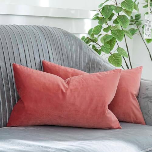 Coral Decorative Lumbar Velvet Throw Pillow Covers 12x20 inch Set of 2 with Zipper Luxury Soft Solid Rectangle Cushion Covers Case for Sofa Couch Bed Living Room