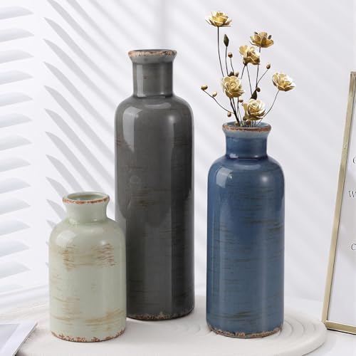 Small Ceramic Vase Set of 3, Boho Modern Flower Vase Room Decor, Farmhouse Decor, Vases for Your Kitchen, Bathroom, Bedroom, Living Room, Office&Shelf Centerpiece Table Decorations