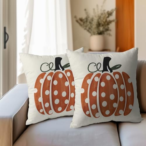 Fall Pumpkin Throw Pillow Cover 20X20I NCH Set of 2 Autumn Orange Pumpkin Outdoor Pillow Cases Polka Dot Beige Thanksgiving Farmhouse Square Cushion Covers for Sofa Couch Porch Patio Home Decor