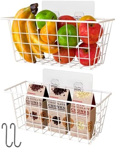 MaraFansie Wall Wire Baskets Bin No Drilling Adhesive Hanging Baskets Wall Mounted for Cabinet & Pantry Organization and Kitchen, Bathroom, Bedroom Storage, 2 Pack, White
