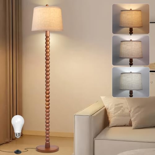 Ruiever Wood Floor Lamp for Living Room,Real Wood Standing Lamp with Color Changing Bulb, Tall Lamp with Linen Shade, Floor Lamp for Bedroom,Corner,Dining Room (Walnut Finish with 3 Color LED Bulb)