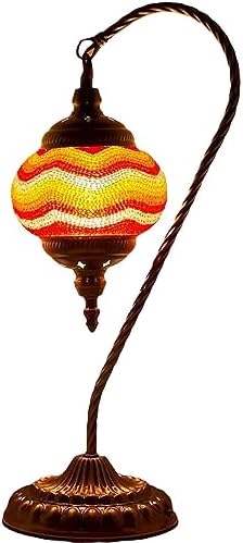 SILVERFEVER Handcrafted Mosaic Turkish Lamp Moroccan Glass Table Desk Bedside Light Bronze Base with E12 Bulb (Red Yellow Lines Lattern)
