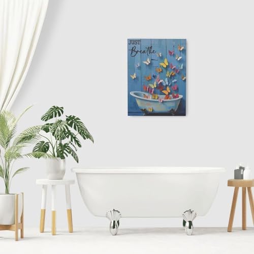 Butterfly Bathroom Wall Art Farmhouse Bathroom Decor Rustic Country Butterfly Canvas Painting Prints Just Breathe Pictures Artwork Decoration Framed for Toilet Restroom Gifts for Women Girl 16"x20"