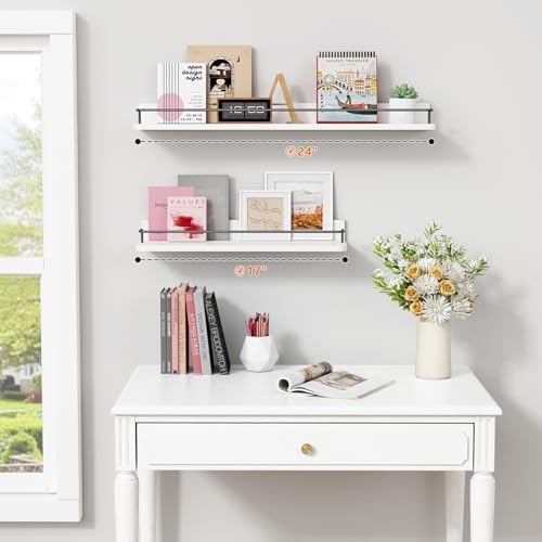 Forbena Floating Shelves for Wall 24 Inches Long, Modern White Wall Shelving Unit for Bedroom, Wood Hanging Shelf for Kitchen Bathroom Living Room Office Organizers and Storage (White and Grey)