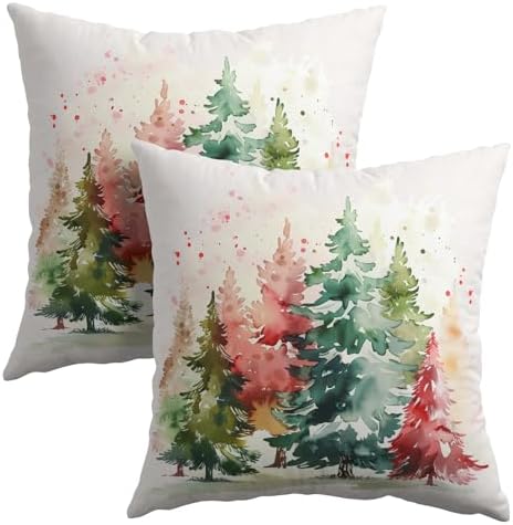 Christmas Tree Outdoor Throw Pillow Cover 24x24 Inch Set of 2 Winter Colorful Pine Tree Cushion Covers Xmas Holiday Theme Accent Pillowcase for Home Bedroom Sofa Patio
