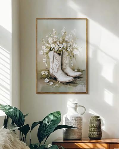 WHASAYART Vintage Western Cowboy Boots Flowers Framed Canvas Wall Art 16x24 | Abstract Rustic Print Poster Wall Decor, Whimsical White Boots Floral Oil Painting for Living Room Bedroom Bathroom Farmhouse