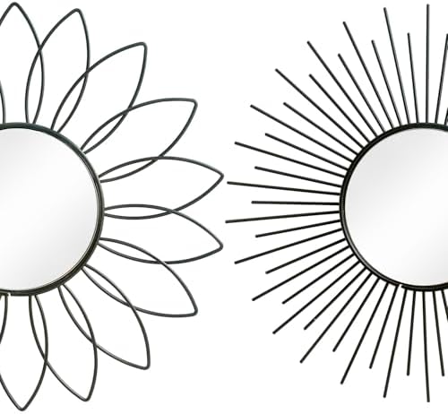 3 Pack Metal Mirrors for Wall Sunburst Wall Mirrors Home Décor Decorative Hanging Wall Art for Living Room Bedroom Entryway (Black2, Flower+Sunburst)