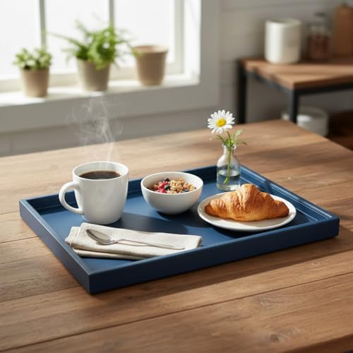 25 * 15 Inch Rectangular Ottoman Tray | Textured PU Leather, Waterproof & Heat-Resistant Storage for Coffee/Dining Tables, Sofa, Bed, Entertainment & Party (Navy Blue, 25 * 15in)