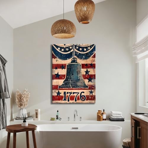 RIBNTAK Made in USA Rustic 1776 Liberty Bell with American Flag Canvas, Retro Patriotic Sign Artwork for 4th of July, Independence Day, Memorial Day Home Decoration