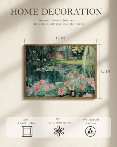 WHASAYART Vintage Framed Monet-Inspired Lotus Pond Floral Wall Art 12x16in | Water Lily Canvas Print Wall Decor, Impressionist Garden Bench Landscape Oil Painting for Living Room Bedroom Entryway Office
