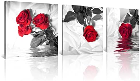 NAN Wind Canvas Print 3 Pcs Black White and Red Wall Art Rose Wall Decor Abstract Decorations Flower Picture on Canvas for Home Decor Stretched and Framed 12X12inches