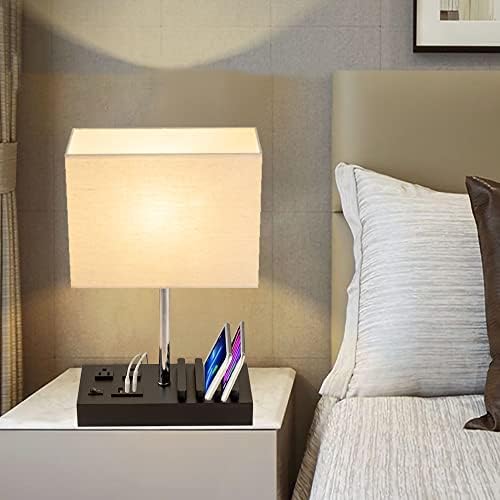 Briever USB Table Lamp, Multi-Functional Desk Lamp with 2 AC Outlets, Bedside Lamp with 3 USB Charging Ports and Wooden Phone Stands, Nightstand Lamp for Bedroom, Livingroom, Office, Linen Shade