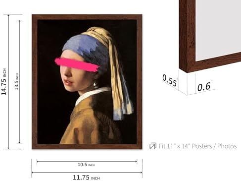 Poster Master Girl with a Pearl Earring Painting Print - Baroque Portrait Poster - Altered & Pop Art - Gift for Men & Women - Decor for Bedroom, Living Room or Office - 11x14 Brown Framed