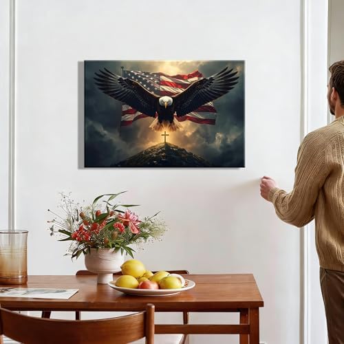 Patriotic Bald Eagle with US Flag & Cross Canvas Wall Art, Christian 4th of July Patriotic Wall Decor, Framed Inspirational Canvas Prints, Independence Day Pictures for Office, Bedroom