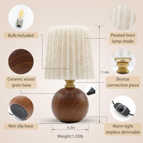 Small Pleated Table Lamp Set of 2 for Bedroom, Mini Bedside Lamps for Nightstand with Round Fabric Linen Shade, Dimmable Desk Lamp, Cute Table Lamps for Small Spaces for Living Room, Kids Room