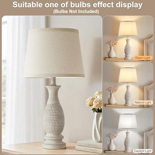 21.6" Table Lamps Set of 2, Resin Farmhouse Bedside Lamps for Bedroom Cream