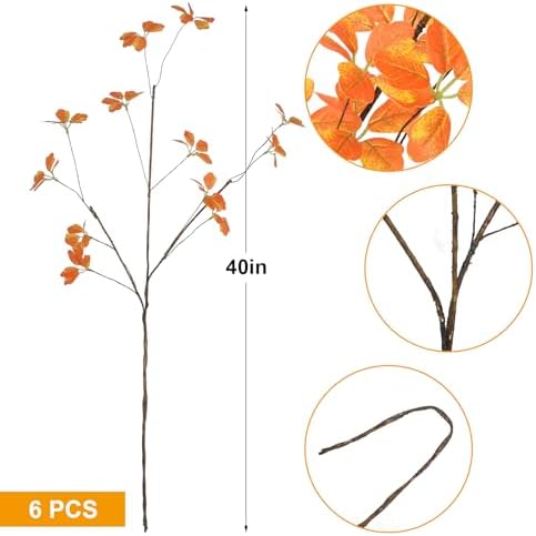 6Pcs 40'' Fall Artificial Branches Faux Autumn Stems Fall Plant Branches Ficus Twig Leaves Fall Eucalyptus Branches for Autumn Thanksgiving Home Office Wedding Vase Fillers DIY Craft Decors