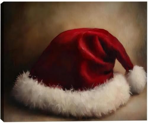 Red Christmas Wall Art - Santa hat Christmas Pictures Wall Decor For Bedroom 24x36inch, Vintage Winter Prints Holiday Poster, Framed Artwork Merry And Bright Home Decorations Indoor