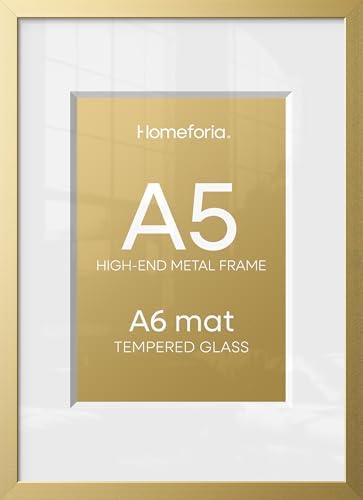 Homeforia A5 Gold Picture Frame, High-End Metal, A6 Mat, Glass