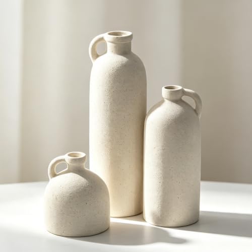 Flower Vase Set of 3, Ceramic Home Decor for Living Room - Modern Rustic Farmhouse Centerpiece for Table, Shelf & Bedroom - Decorative Vases for Office, Bathroom, Dining Desk