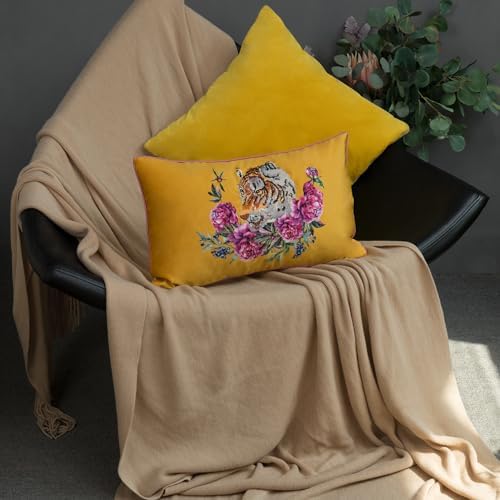 JWH Yellow Tiger Pillow Covers Decorative Flower Embroidered Throw Pillow Colorful Accent Pillow Case Velvet Cushion Luxury Pillowcase for Bed Couch Bedroom Office Decor 12x20 Inches