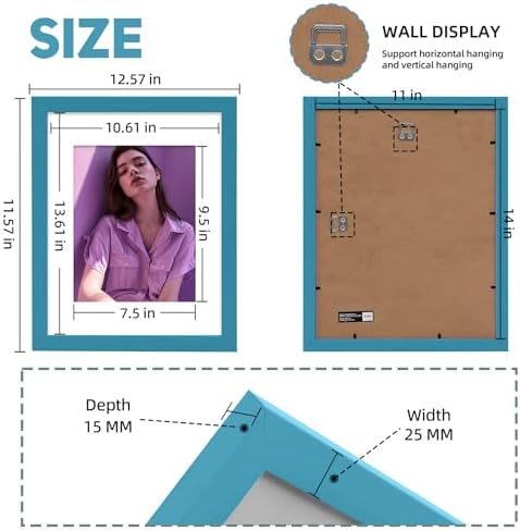 Muzilife Teal 11x14 Wood Picture Frame with Mat, Real Glass Cover, 1 Pack