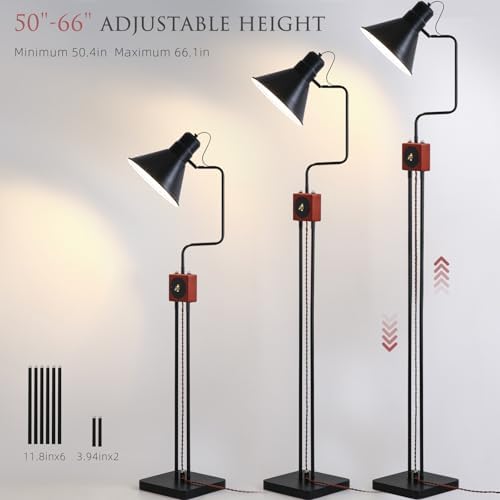 Industrial Adjustable Floor Lamp, 50"-66" Tall Vintage Reading Standing Lamp with Retro Wooden Toggle & Foot Switch, 180°/270° Swivel Metal Task Lamp for Living Room, Bedroom & Office, Black