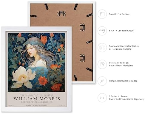 Monem Art William Morris Poster - Woman and Flowers Art Print - Lady Art - Floral Design - Flower Illustration - Aesthetic Bedroom or Living Room Decor - 16x20 White Framed