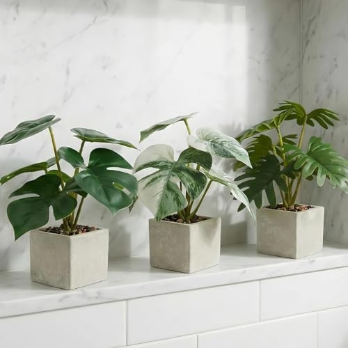 3pcs Small Fake Plants Artificial Begonia Leaves Faux Plants Indoor for Office Desk Shelf Bathroom Home Decor (3Pcs White Green)
