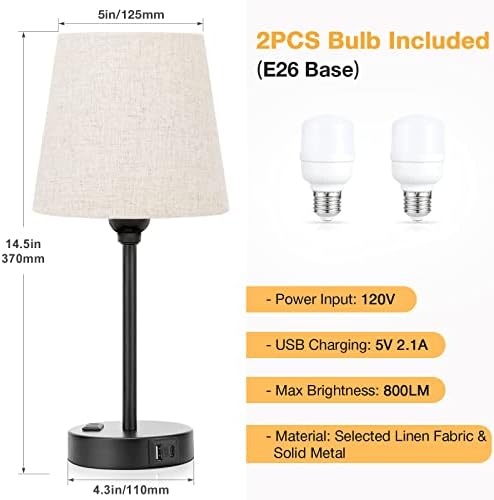 Bedside Table Lamps Set 2 for Bedroom - Dimmable Touch, USB C+A, AC Outlet