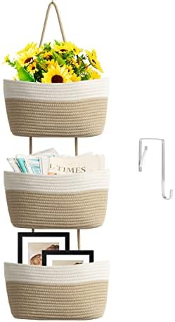 TeoKJ Over the Door Hanging Basket, 3-Tier Woven Cotton Wall-Mounted Storage Organizer Bag Decorative Hanging Nursery Baskets, White & Jute