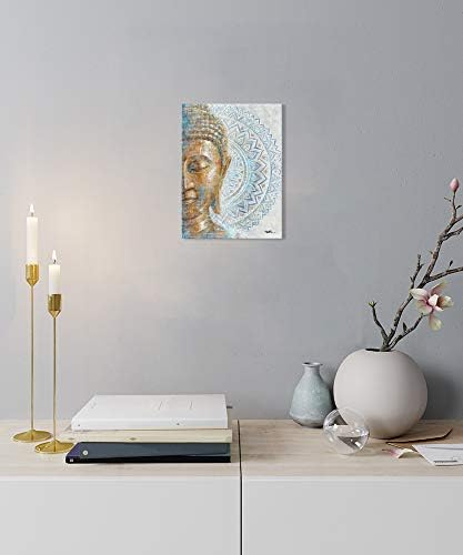 Gold Buddha Canvas Wall Art: 3D Textured Mandala Flower Blossom Buddha Painting Zen Print Picture on Blue for Yoga Meditation Room Bedroom Framed and Ready to Hang 12"x16"