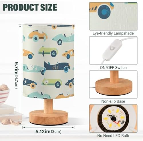 Vintage Racing Cars LED Table Lamp with USB Port Night Light Bedroom Lamps for Nightstand Living Room Dorm Home Office Desk