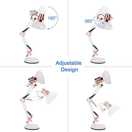 PowerKing Metal Swing Arm Desk Lamps with Base & Clamp, White Rose Gold