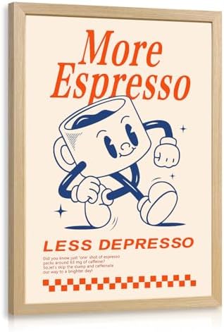 Cyebmo Funny Coffee Wall Art, Vintage Cafe Kitchen Wall Decor, More Espresso Less Depresso Art Prints, Beige Dorm Poster Print for Home Office Coffee Bar Kitchen Wood Framed Ready to Hang 8x10 Inch