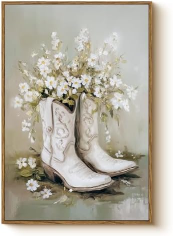WHASAYART Vintage Western Cowboy Boots Flowers Framed Canvas Wall Art 16x24 | Abstract Rustic Print Poster Wall Decor, Whimsical White Boots Floral Oil Painting for Living Room Bedroom Bathroom Farmhouse