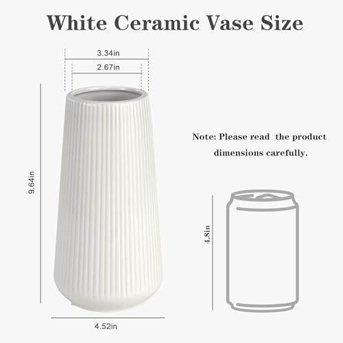 White Ceramic Vase for Flowers, Tall Home Decor Vase with Ribbed Texture, Vases for Centerpieces, Farmhouse Decor, Living Room, Decor Bedroom, Table, and Kitchen Shelf (XL White)